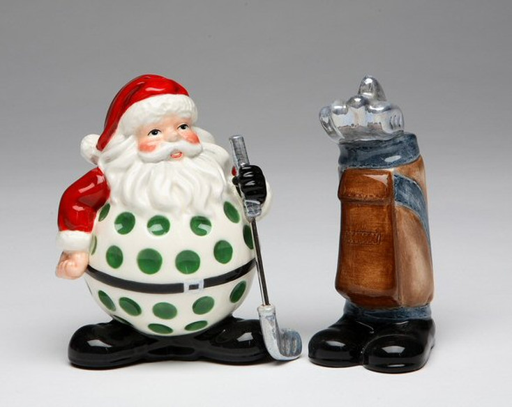Golf Santa with Golf Bag Ceramic Salt and Pepper Shakers, Set of 4