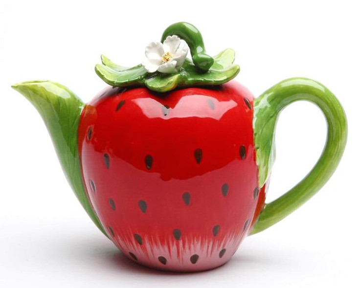 Strawberry Porcelain Teapot with Green Handle