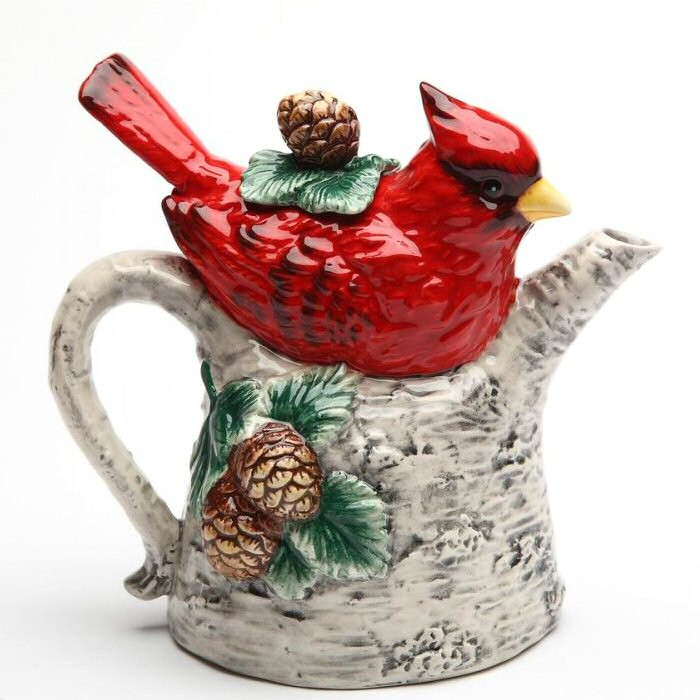 Cardinal Bird Sitting on a Birch Tree Porcelain Teapot