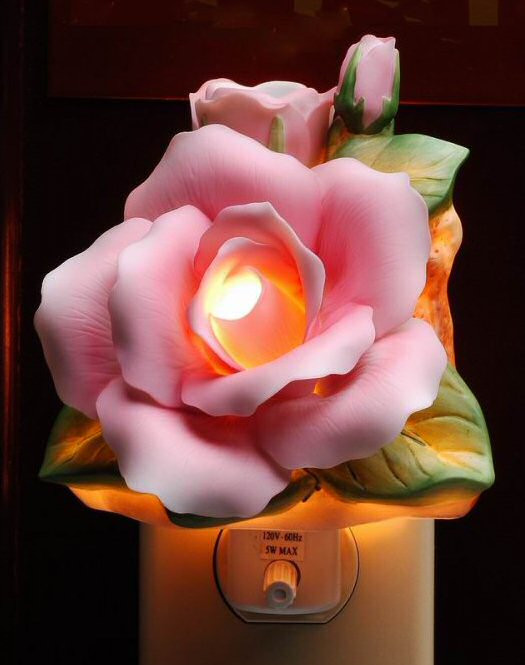 Pink Rose Flower Porcelain Night Lights, Set of 2