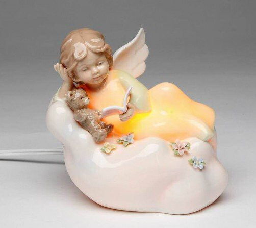 Angel Reading to Teddy Bear Plug-in Porcelain Night Lights, Set of 2