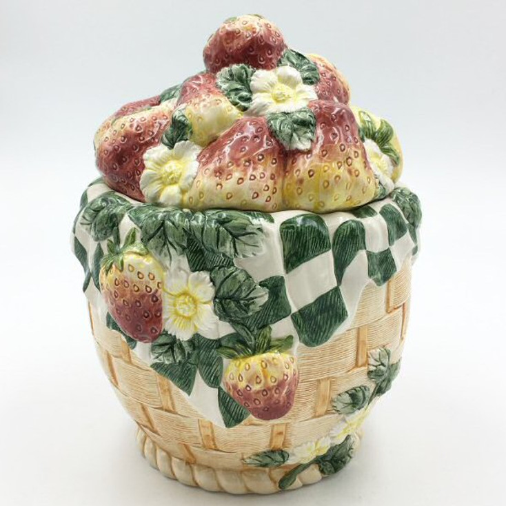 Strawberry Fruit and Flowers Ceramic Cookie Jar