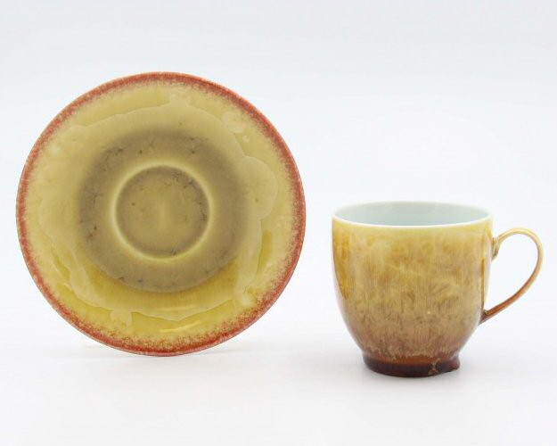 Crystalline Amber Coffee Mugs and Saucers, Set of 4
