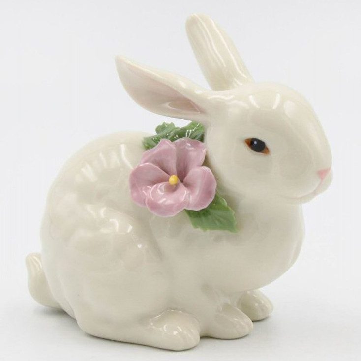 Sitting Bunny Rabbit with Flower Porcelain Sculpture