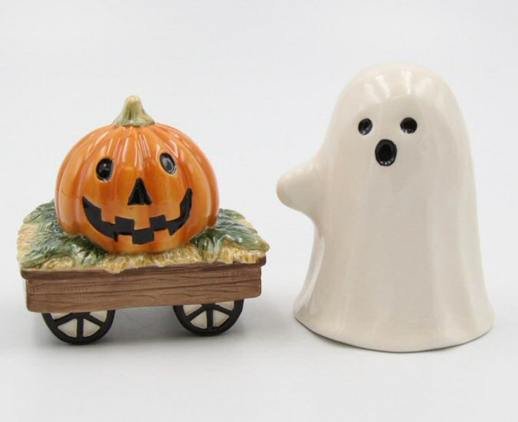 Casper the Ghost and Pumpkin Wagon Porcelain Salt and Pepper Shakers, Set of 4