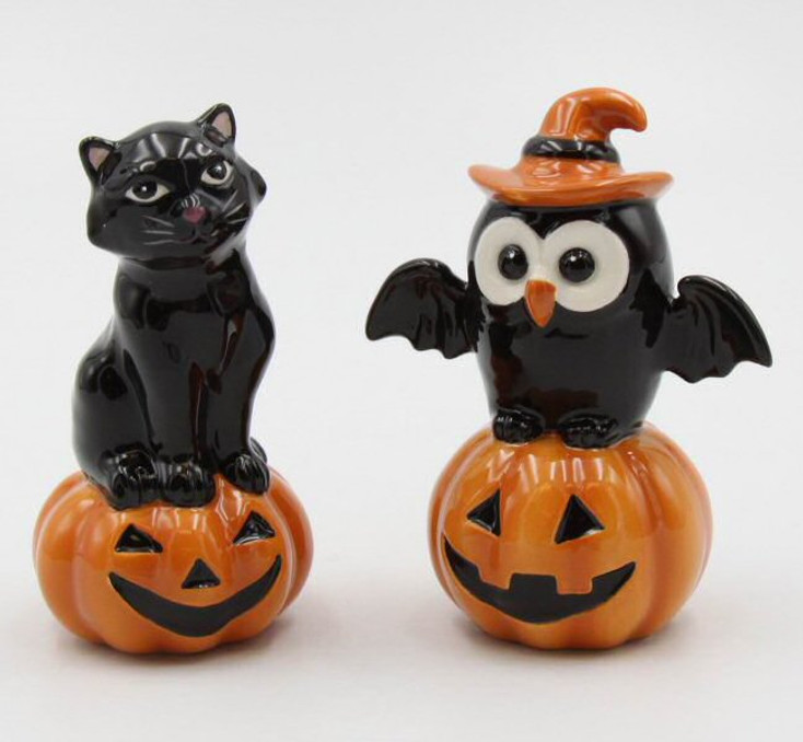 Owl Bird and Black Cat on Pumpkin Porcelain Salt and Pepper Shakers, Set of 4