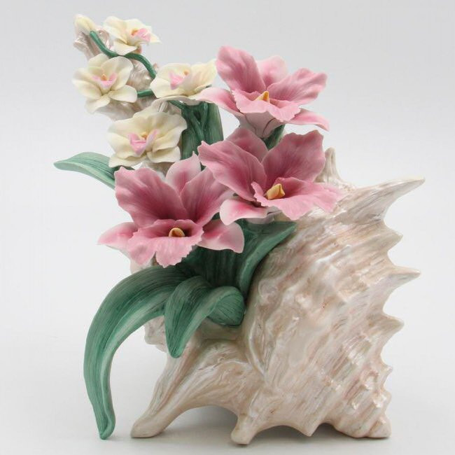 Seashell with Orchid Flowers Porcelain Sculpture