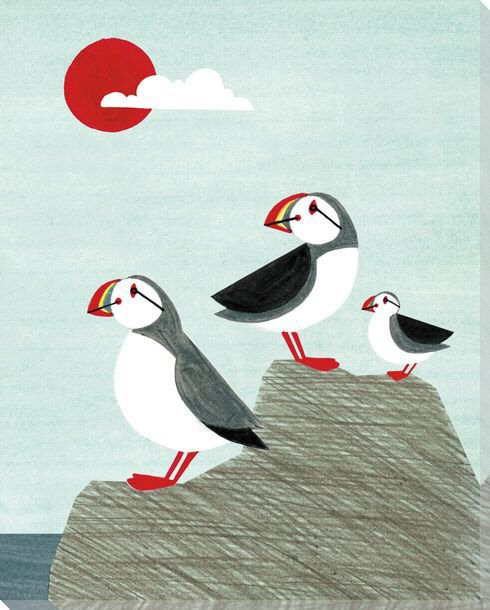 Puffin Bird Family Wrapped Canvas Giclee Art Print Wall Art
