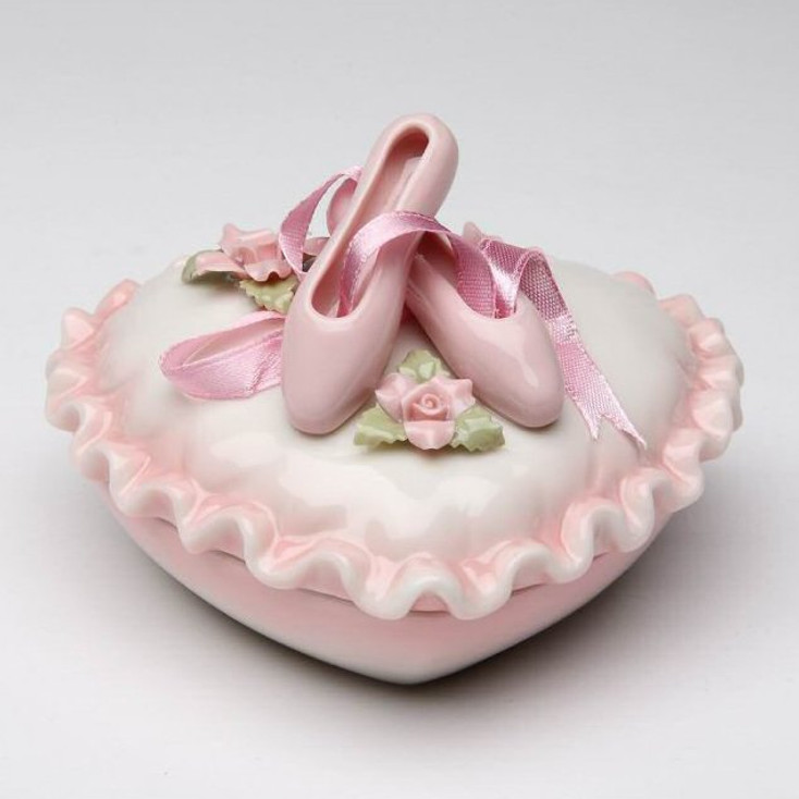 Miniature Ballerina Shoes Hinged Heart Box Porcelain Sculpture