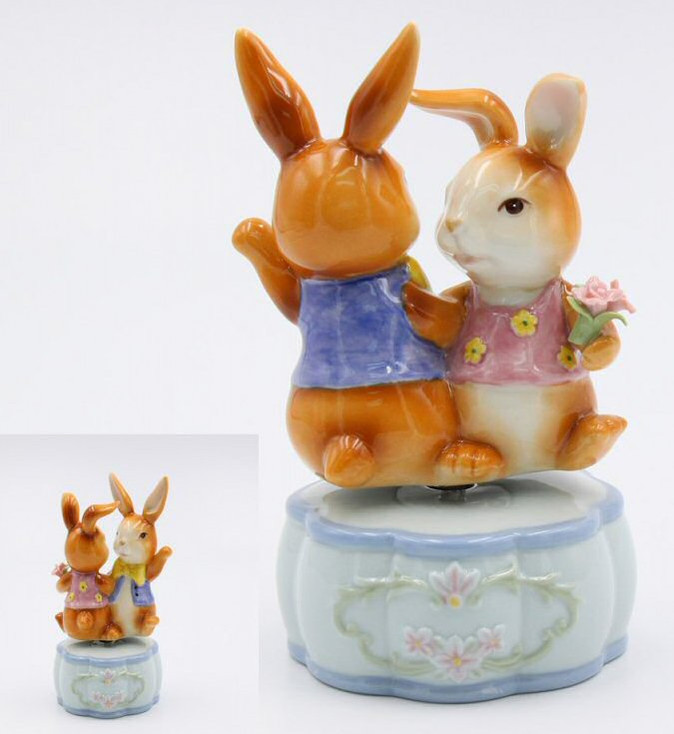 Dancing Bunnies Porcelain Musical Music Box Sculpture