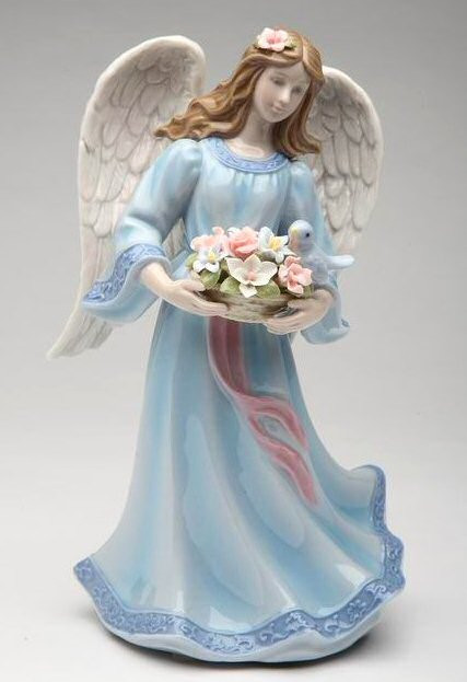Angel with Flower Basket and Bird Musical Music Box Sculpture