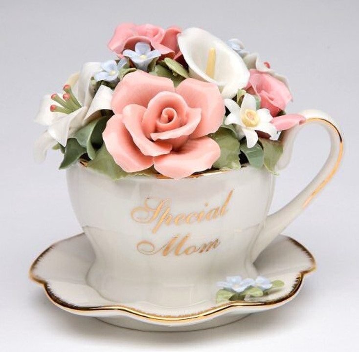 Special Mom Cup and Saucer with Flowers Musical Music Box Sculpture