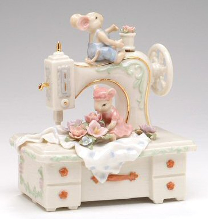 Mice with a Sewing Machine Musical Music Box Sculpture