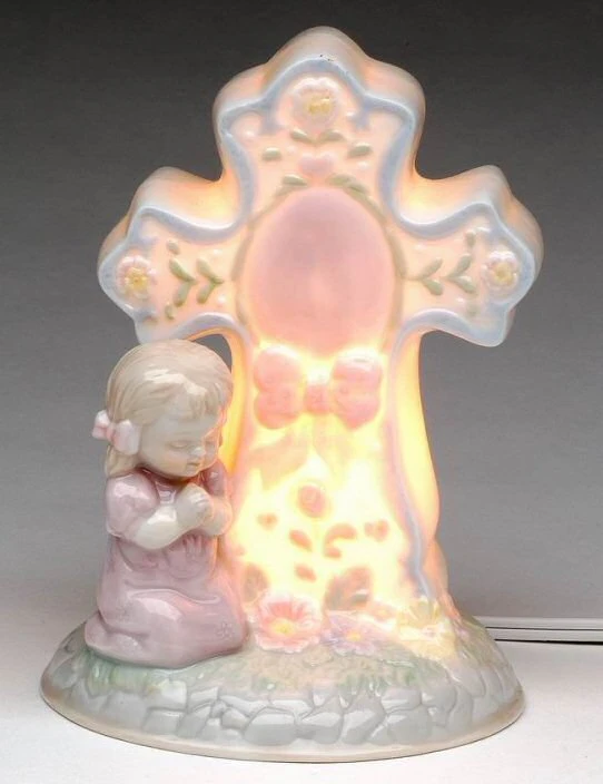 Girl Praying with Cross Lighted Religious Sculpture