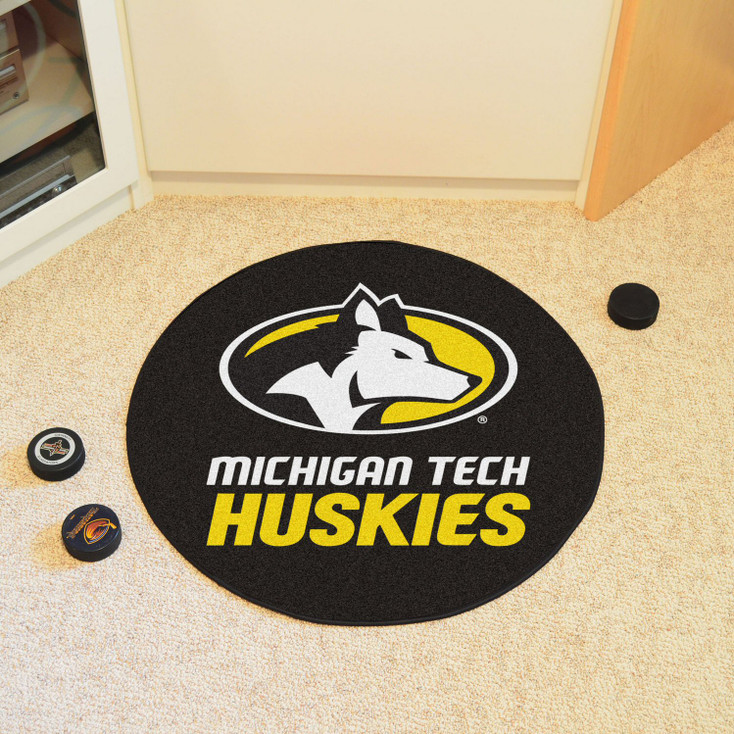 27" Michigan Tech University Puck Round Mat - "Husky" Logo & Wordmark