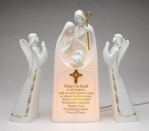Two Angels with Holy Family Porcelain Lighted Nativity Scene Sculpture