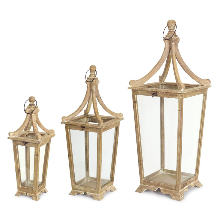 Tapered Wood and Glass Candle Lanterns Candle Holders, Set of 3