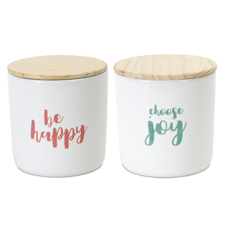 4.75" Be Happy Choose Joy Wood and Stoneware Canisters, Set of 2