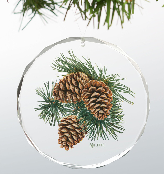 Three Pinecones Round Glass Christmas Tree Ornaments, Set of 6