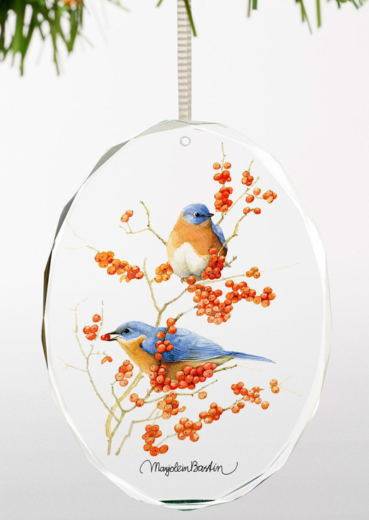 Feasting Bluebirds Oval Glass Christmas Tree Ornaments, Set of 6