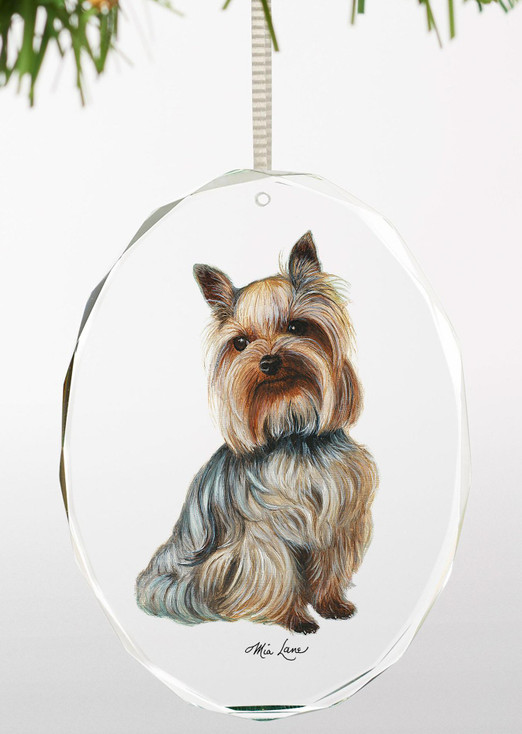 Yorkshire Terrier Dog Oval Glass Christmas Tree Ornaments, Set of 6