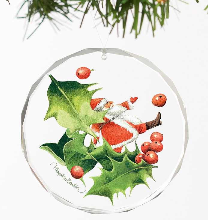 Santa Playing with Holly I Round Glass Christmas Tree Ornaments, Set of 6