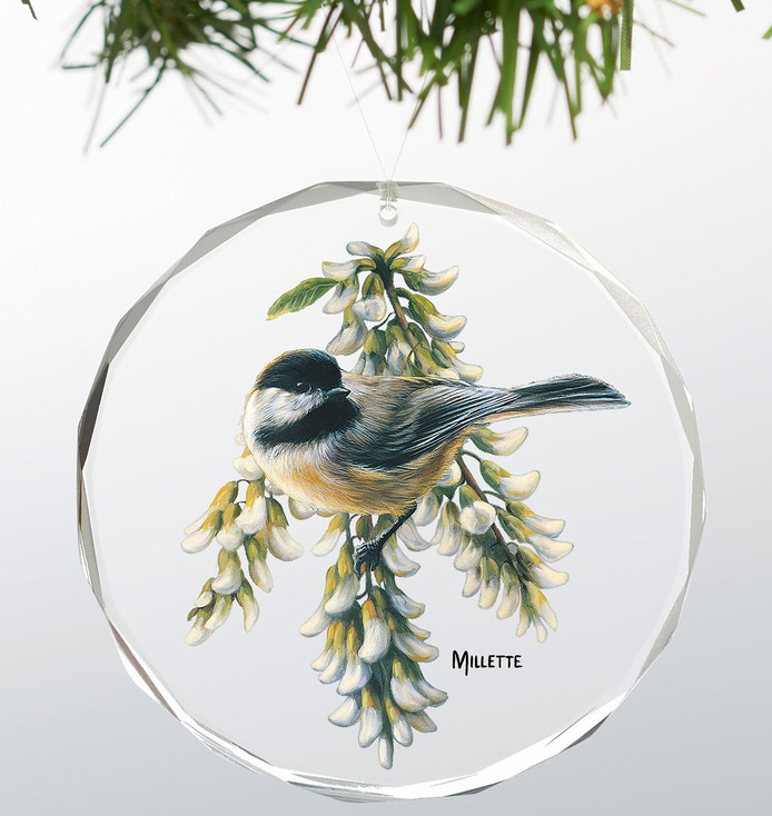 Springtime Jewels Chickadee Bird Round Glass Christmas Tree Ornaments, Set of 6