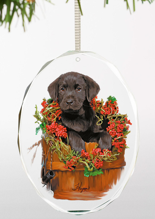 Holiday Surprise Black Lab Puppy Oval Glass Christmas Tree Ornaments, Set of 6