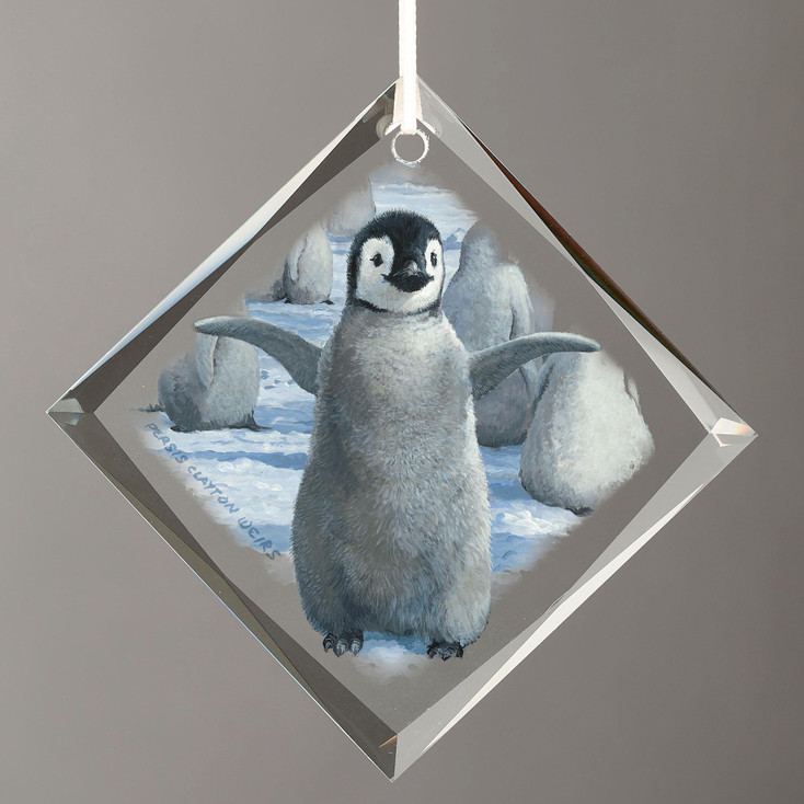 Emperor Chick Penguin Bird Diamond Shape Glass Christmas Tree Ornaments, Set of 6