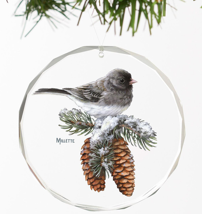 Winter Gems Junco Bird Round Glass Christmas Tree Ornaments, Set of 6
