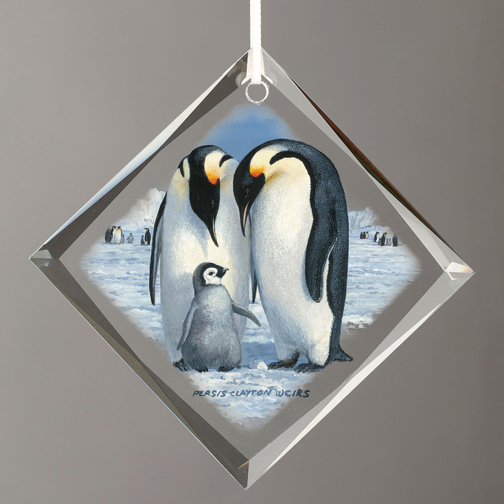 Emperor Family Penguin Birds Diamond Shape Glass Christmas Tree Ornaments, Set of 6