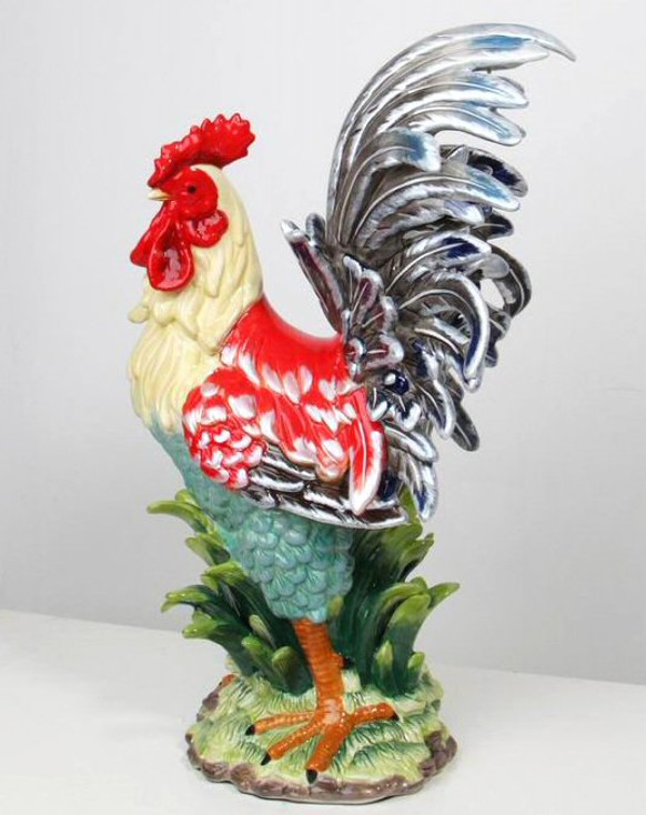 Large Red and Navy Rooster Bird Porcelain Figurine Sculpture