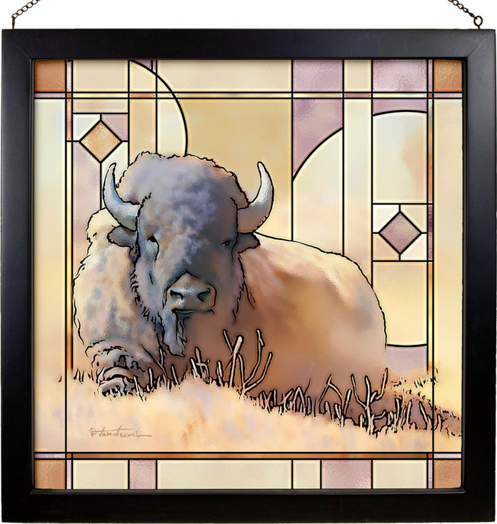 20" Resting Bull Bison Stained Glass Wall Art