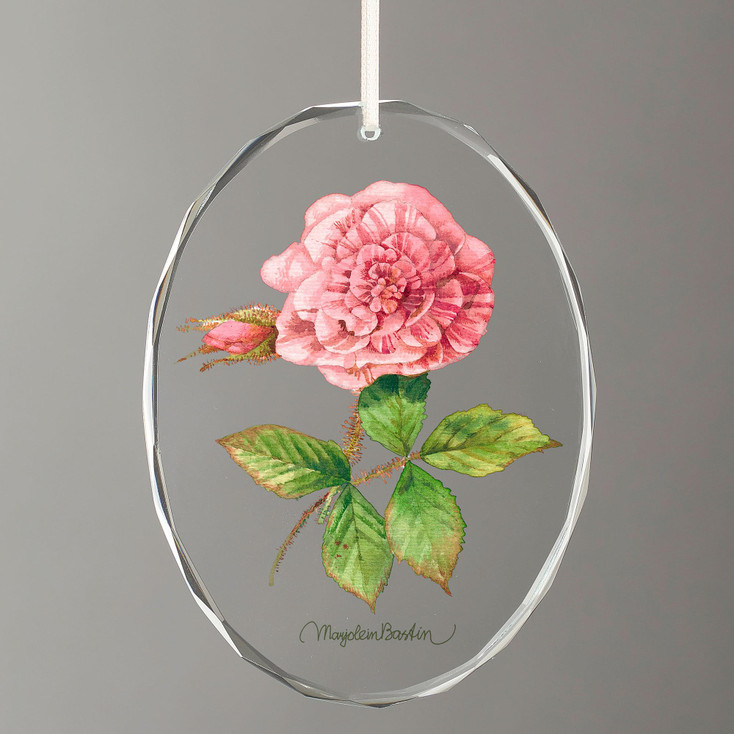 Single Pink Rose Oval Glass Christmas Tree Ornaments, Set of 6