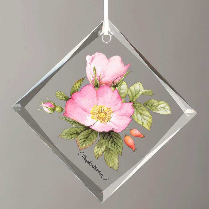 Double Pink Roses Diamond Shape Glass Christmas Tree Ornaments, Set of 6