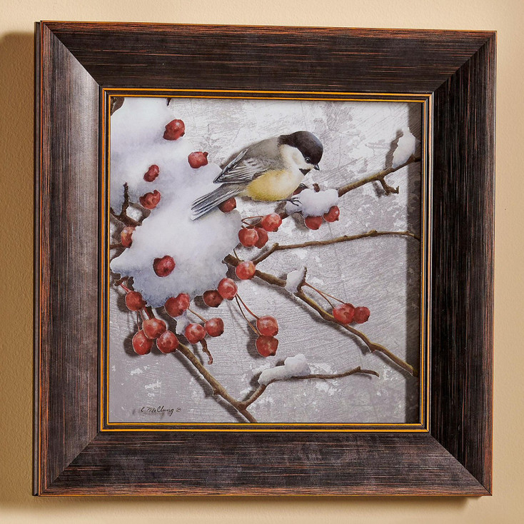 Winter Feast Chickadee Bird Framed Illusions Art Print Wall Art with Walnut Wood Frame