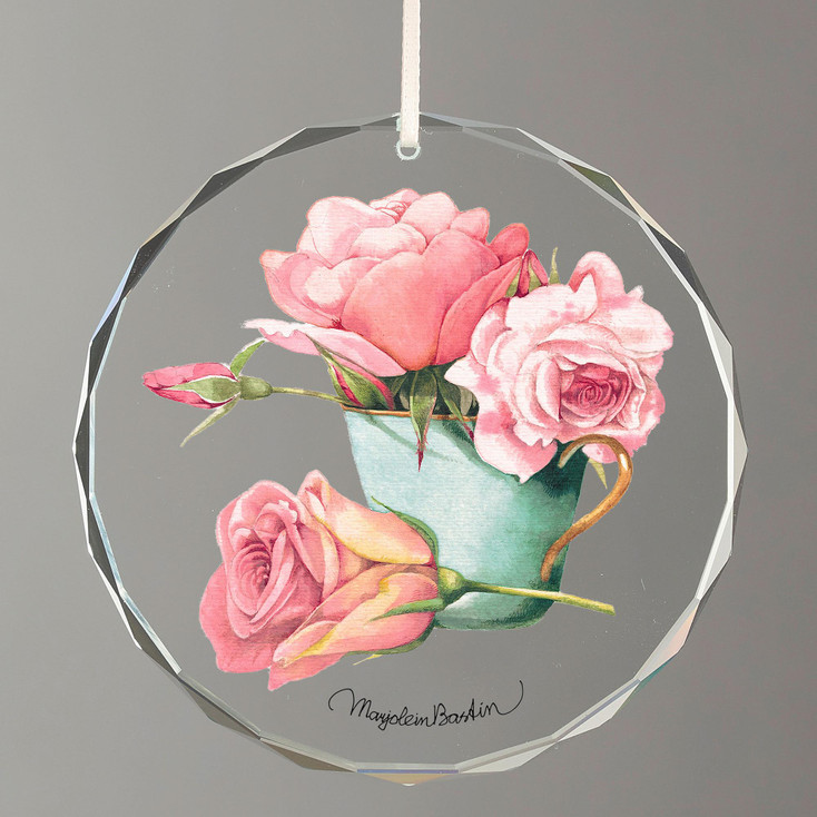 Pink Roses in Tea Cup Round Glass Christmas Tree Ornaments, Set of 6