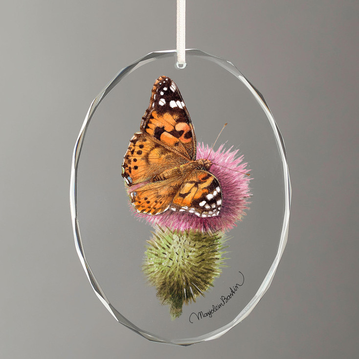 Painted Lady Butterfly Oval Glass Christmas Tree Ornaments, Set of 6