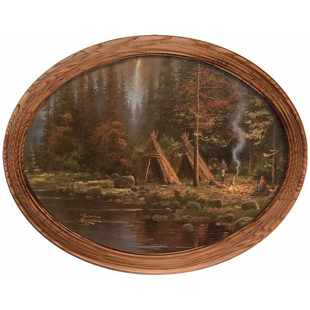 The Mountains Declare His Glory Campsite Oak Framed Oval Canvas Giclee Art Print Wall Art