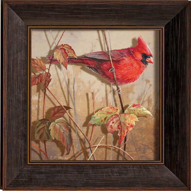 Fall Brilliance Male Cardinal Bird Framed Illusions Art Print Wall Art with Walnut Wood Frame