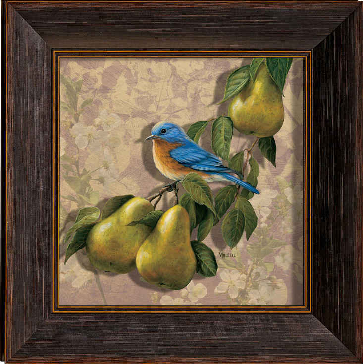 Orchard Visitor Bluebird and Pears Framed Illusions Art Print Wall Art with Walnut Wood Frame