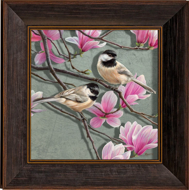 Chickadee Birds and Magnolias Framed Illusions Art Print Wall Art with Walnut Wood Frame
