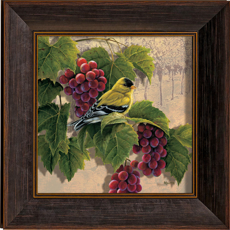Orchard Visitor Goldfinch Bird and Grapes Framed Illusions Art Print Wall Art with Walnut Wood Frame