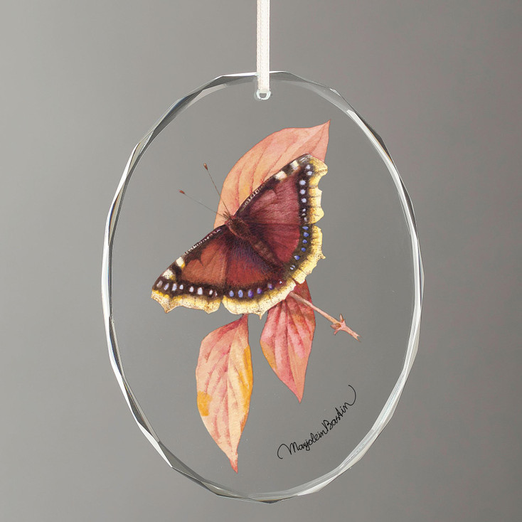 Mourning Cloak Butterfly Oval Glass Christmas Tree Ornaments, Set of 6