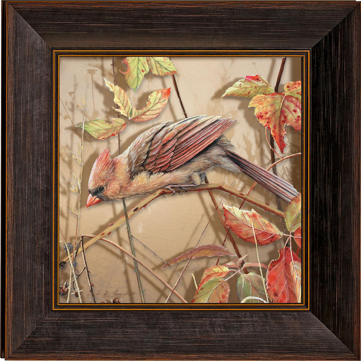 Fall Brilliance Female Cardinal Bird Framed Illusions Art Print Wall Art with Walnut Wood Frame