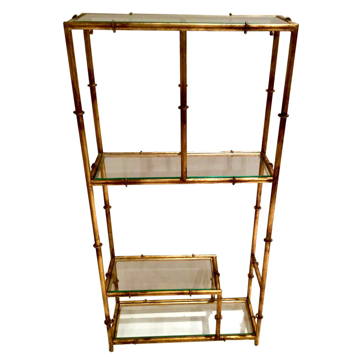 Antique Gold Four Shelf Iron and Glass Wall Curio