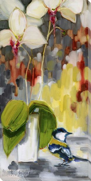 Chickadee Bird with Orchid Wrapped Canvas Giclee Art Print Wall Art
