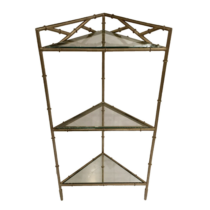 Champagne Silver Bamboo Triangle 3 Tier Iron and Glass Table