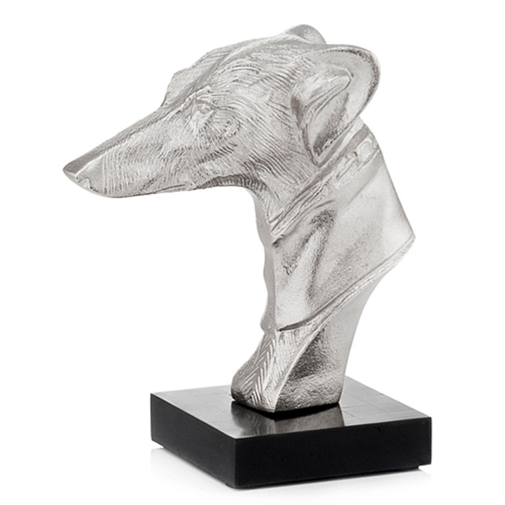 8.5" Silver and Black Greyhound Dog Bust Aluminum and Bone Sculpture