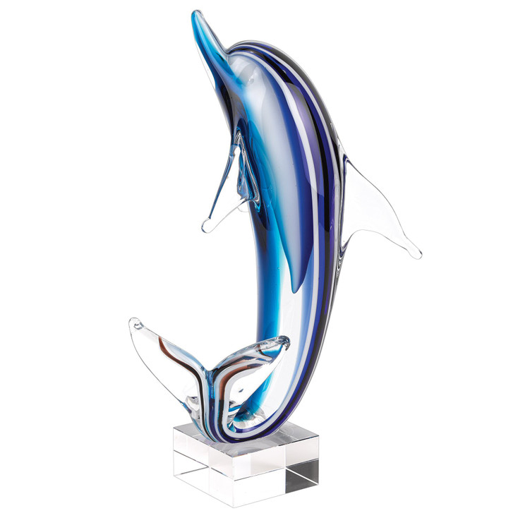 14" Blue Dolphin Glass Sculpture On a Clear Base